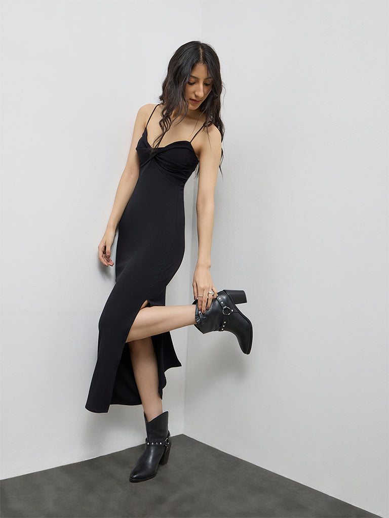 Buy Nuon Black Ribbed-Textured Straight Dress from Westside