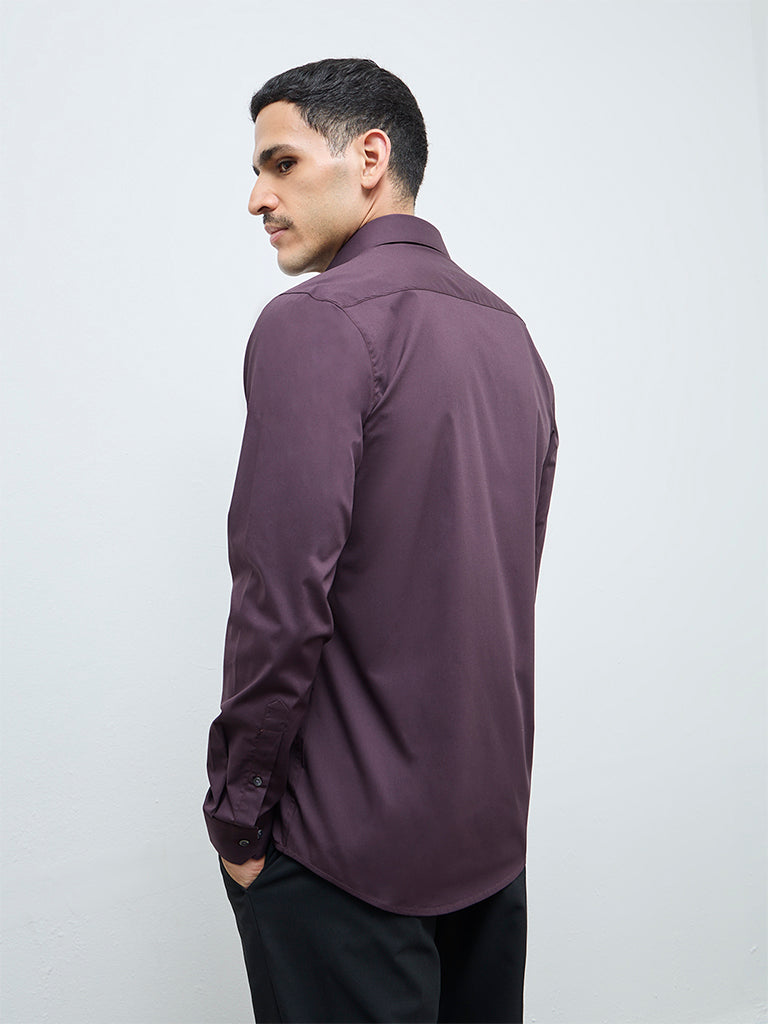 WES Formals Wine Solid Ultra Slim-Fit Cotton-Blend Shirt