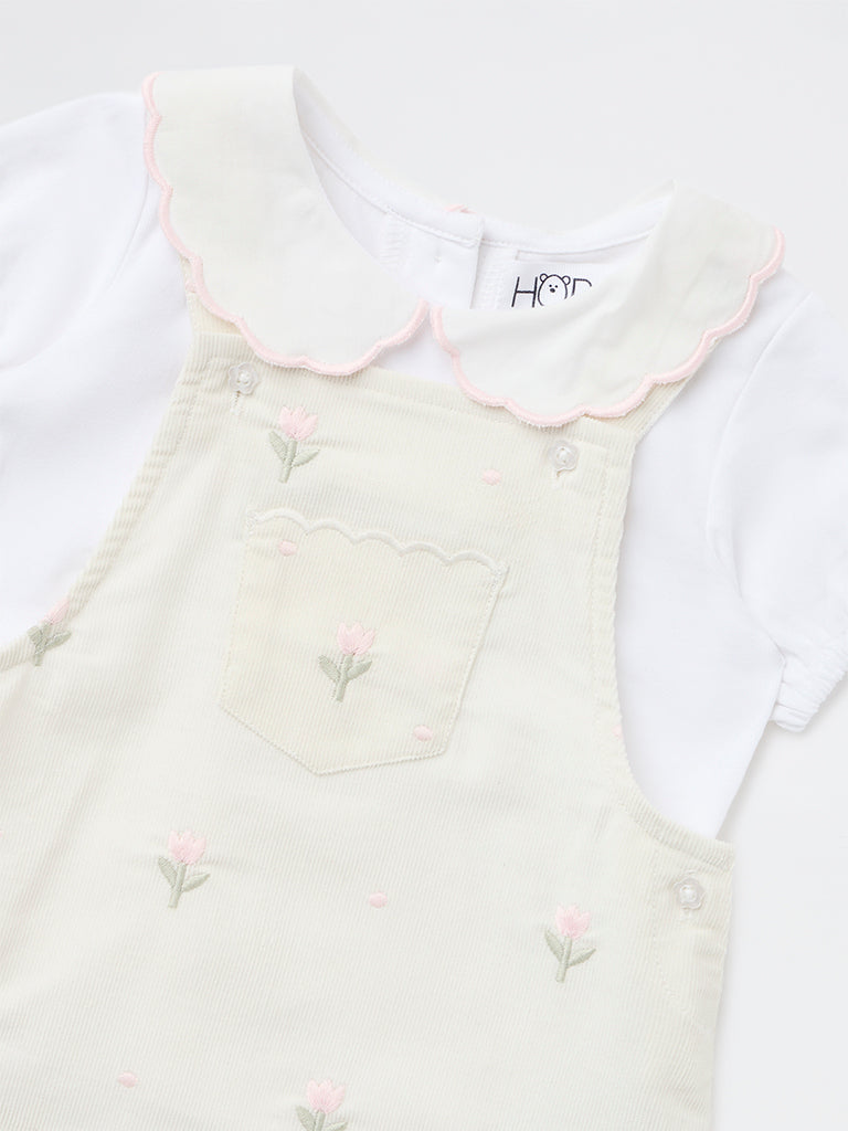 HOP Baby Girls Off-White Cotton T-Shirt and Pinafore Set