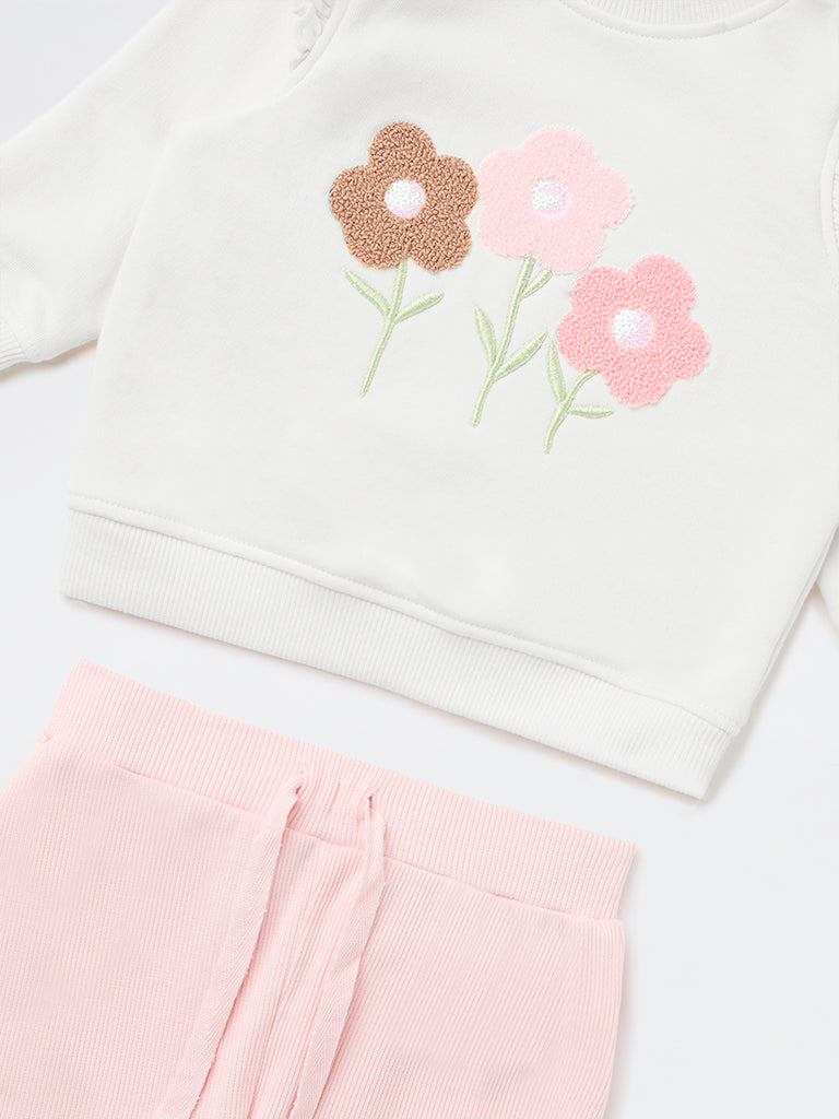 HOP Baby Girls Off-White Cotton-Blend T-Shirt and Pants Set