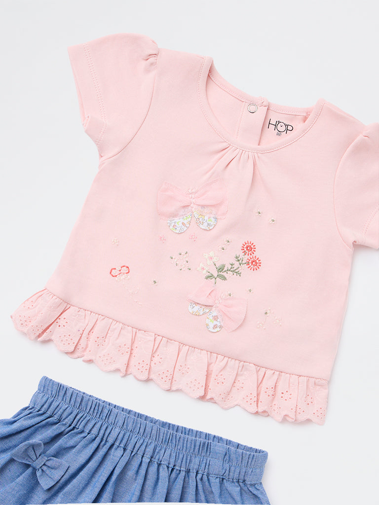 HOP Baby Girls Pink Embroidered Cotton Top and Skirt Set
