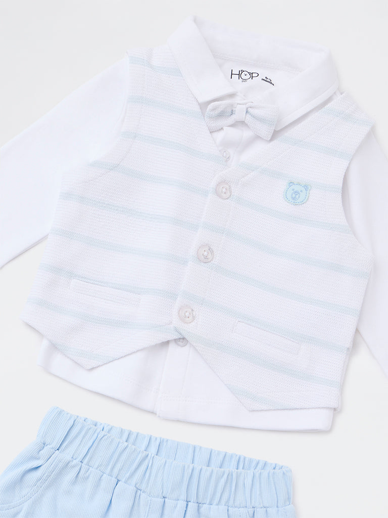 HOP Baby Boys Blue Striped Cotton-Blend Waistcoat, Shirt, Pants and Bow Set