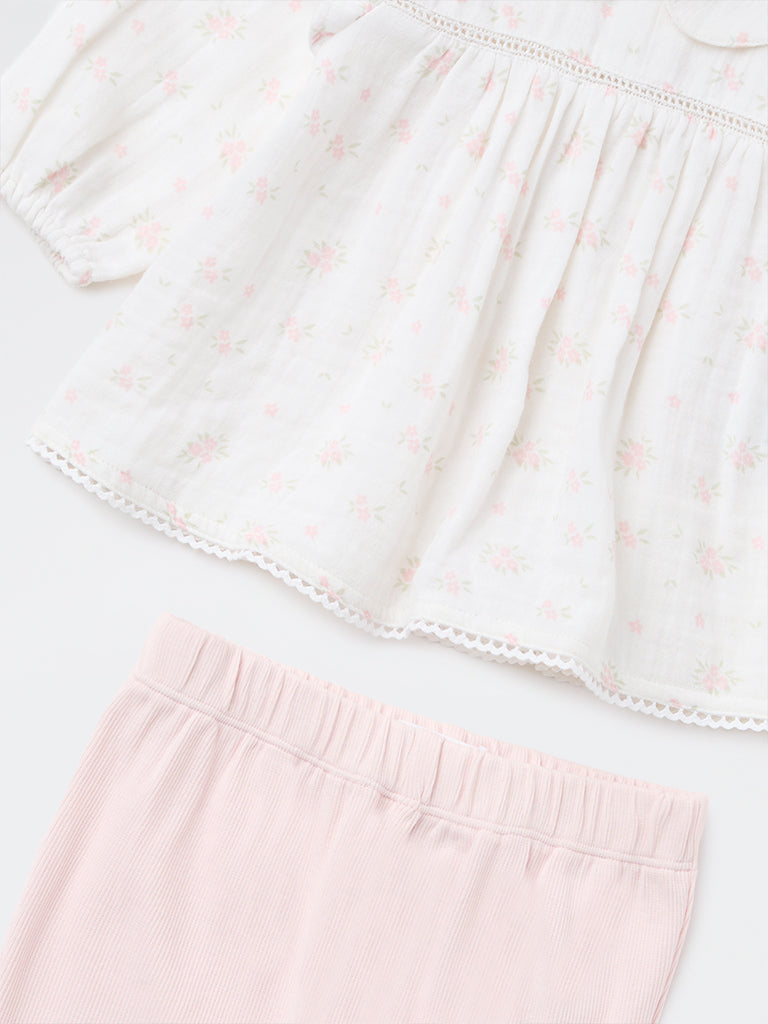HOP Baby Girls White Cotton-Blend Top and Leggings Set