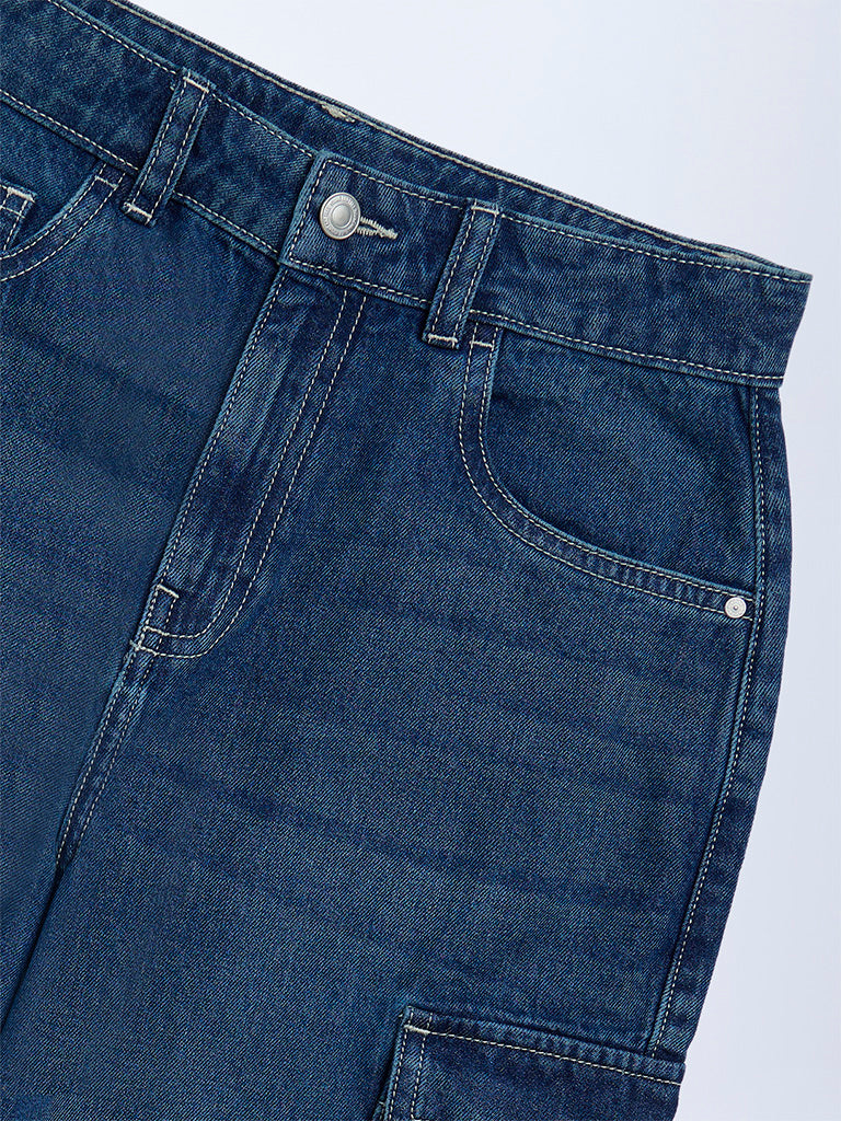Boys Dark Blue Cargo-Style Mid-Rise Jeans