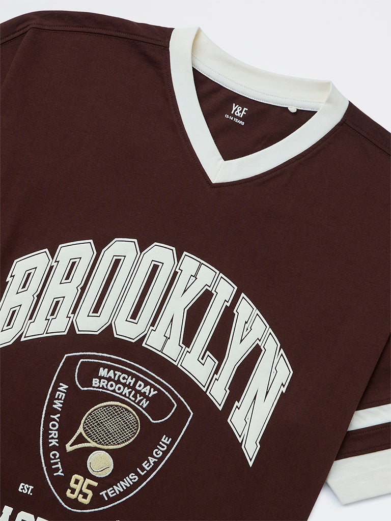 Y&F Kids Boys Brown Text Printed Cotton T-Shirt