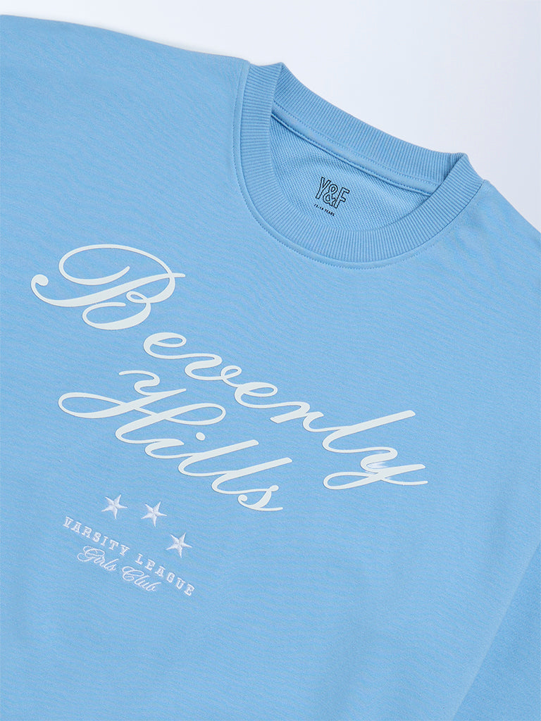 Girls Blue Text Printed Cotton-Blend Sweatshirt