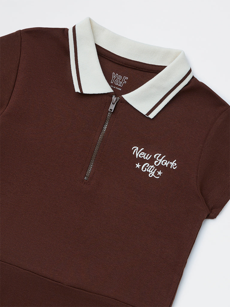 Girls Brown Text Design Cotton-Blend Tennis Dress