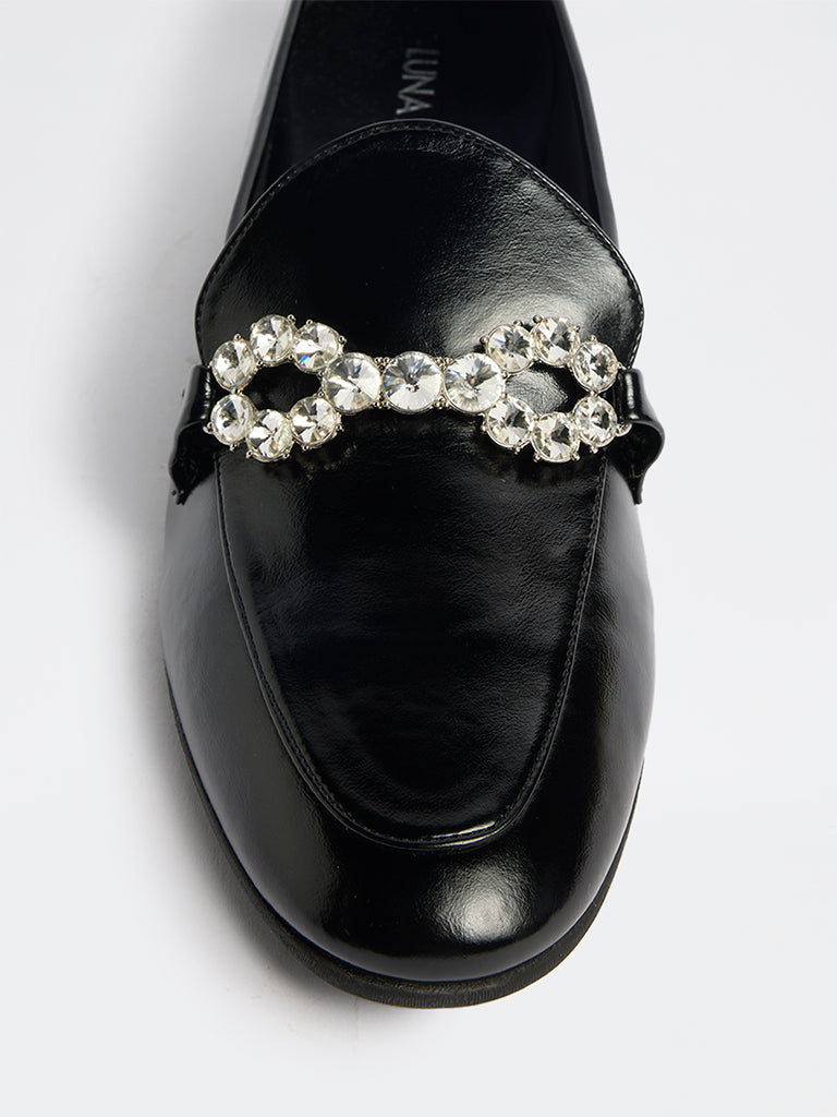 LUNA BLU Black Diamante Embellished Loafers