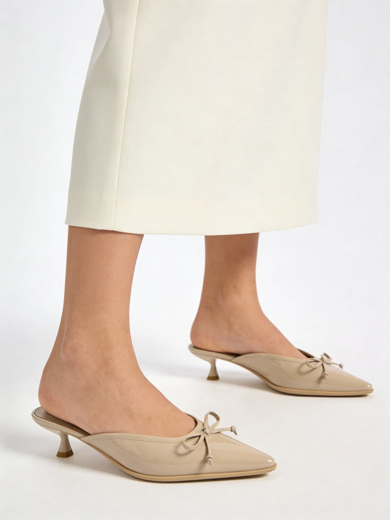 LUNA BLU Taupe Bow-Detailed Kitten Heel Mules