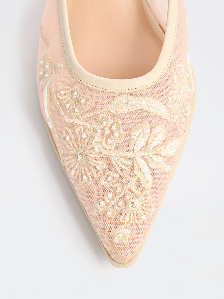 LUNA BLU Ivory Embroidered Kitten Heel Mules