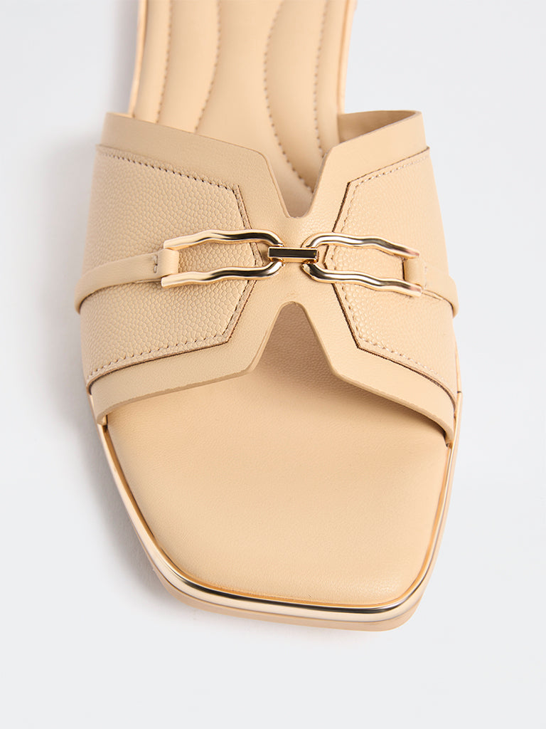 LUNA BLU Beige Metallic Detailed Slides