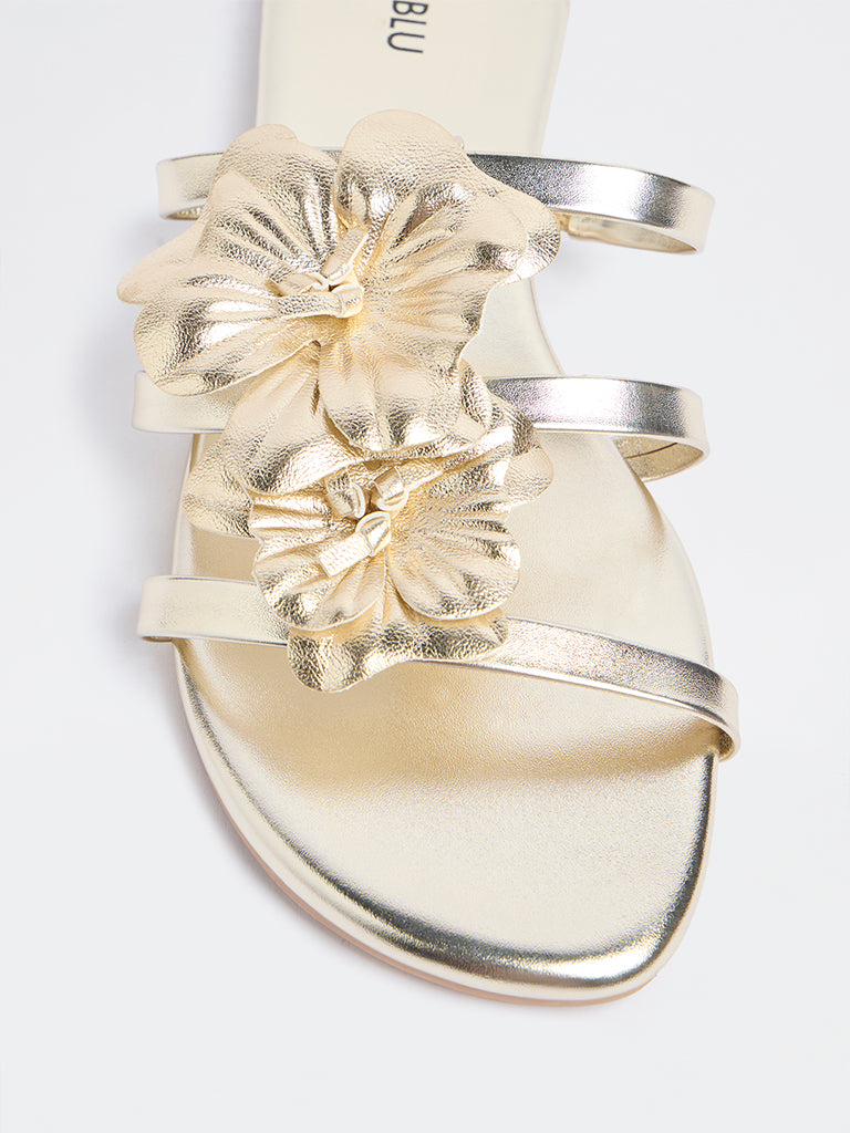 LUNA BLU Gold Floral Detailed Multi-Strap Slides