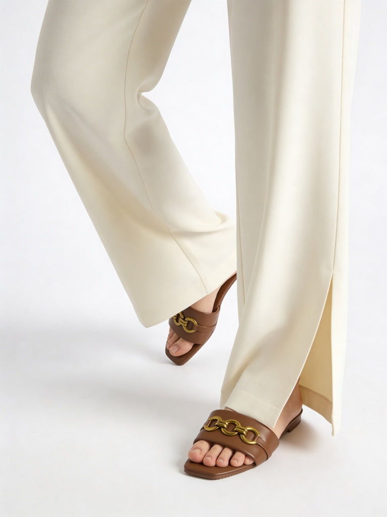 LUNA BLU Tan Buckle-Detailed Slides