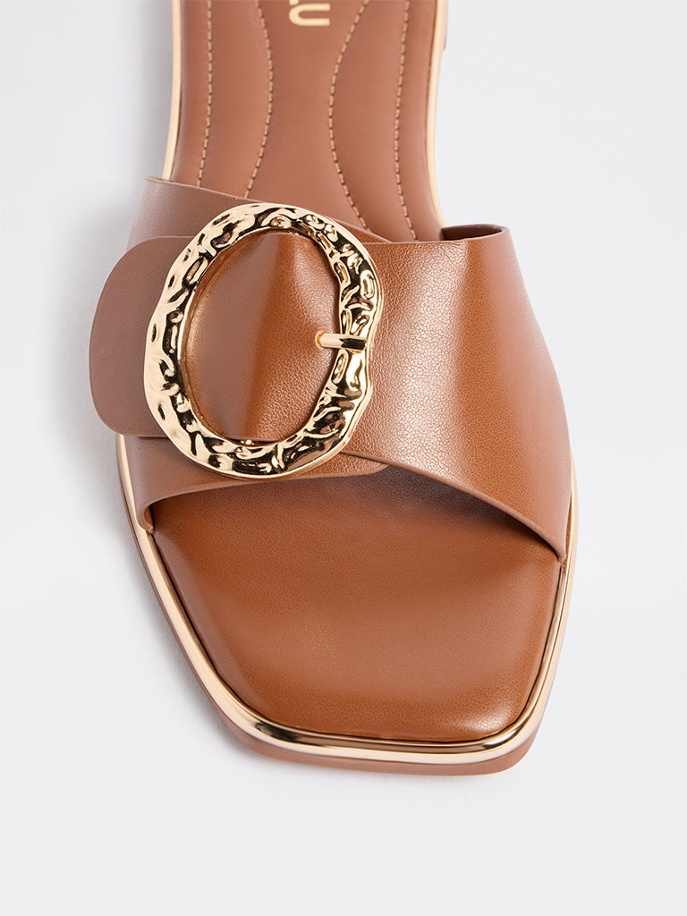 LUNA BLU Tan Buckle-Detailed Slides
