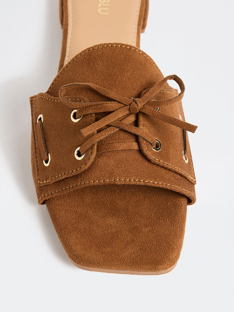 LUNA BLU Tan Lace-Detailed Suede Slides