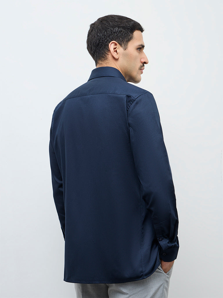 WES Formals Navy Solid Slim-Fit Cotton Shirt
