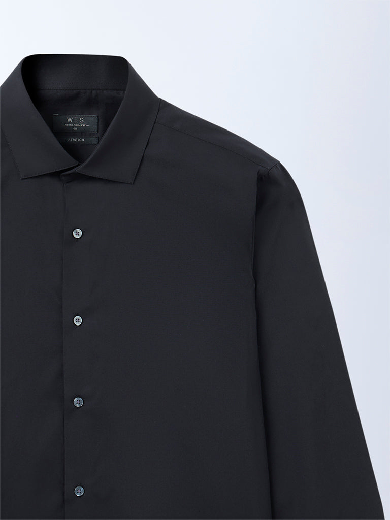 WES Formals Black Solid Ultra Slim-Fit Cotton Shirt