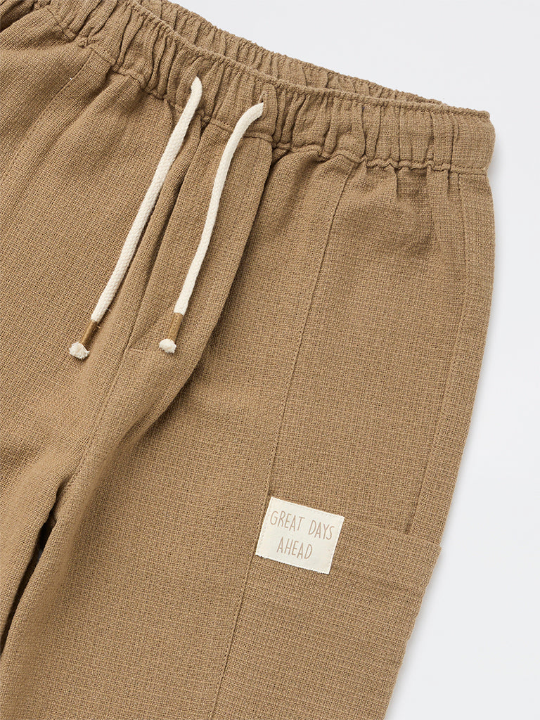 HOP Kids Boys Taupe Textured Mid-Rise Cotton Trousers