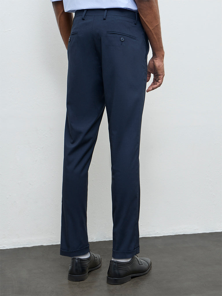 WES Formals Navy Solid Carrot Fit Mid-Rise Trousers