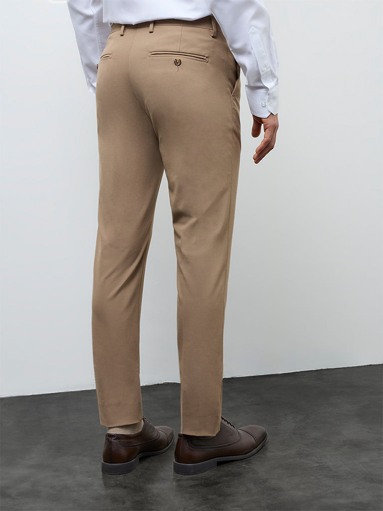 WES Formals Khaki Slim-Fit Mid-Rise Trousers