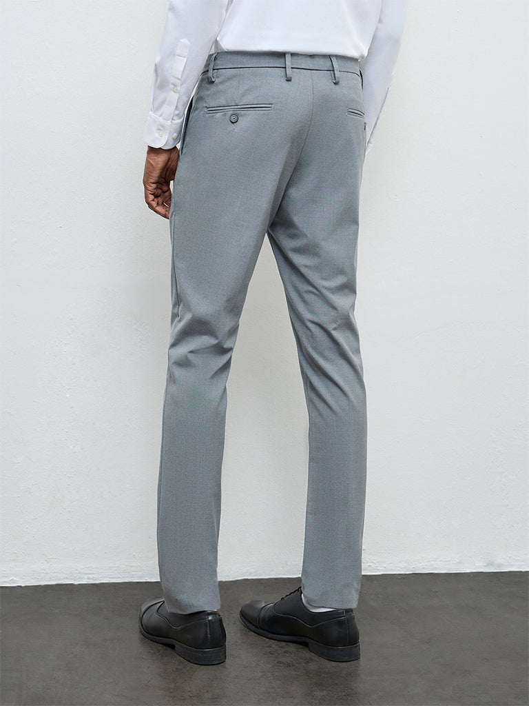 WES Formals Grey Solid Ultra Slim Fit Mid-Rise Trousers