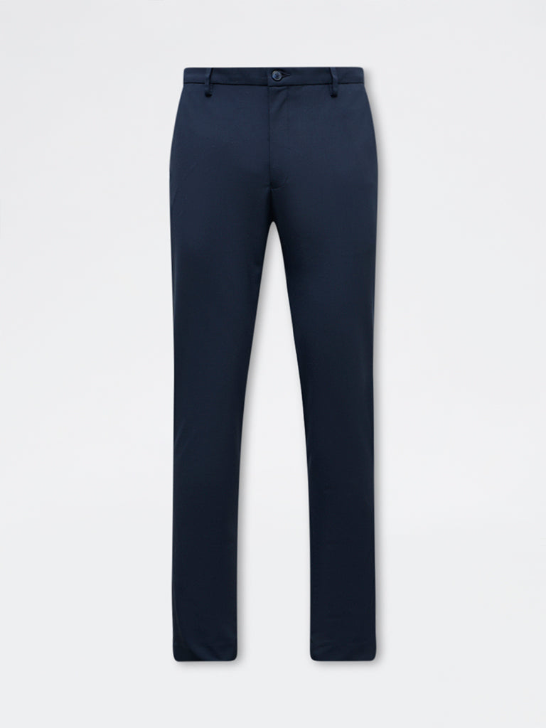 WES Formals Navy Solid Slim-Fit Mid-Rise Trousers