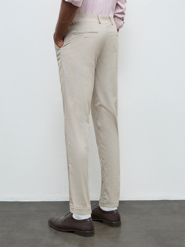 WES Formals Beige Slim-Fit Mid-Rise Trousers