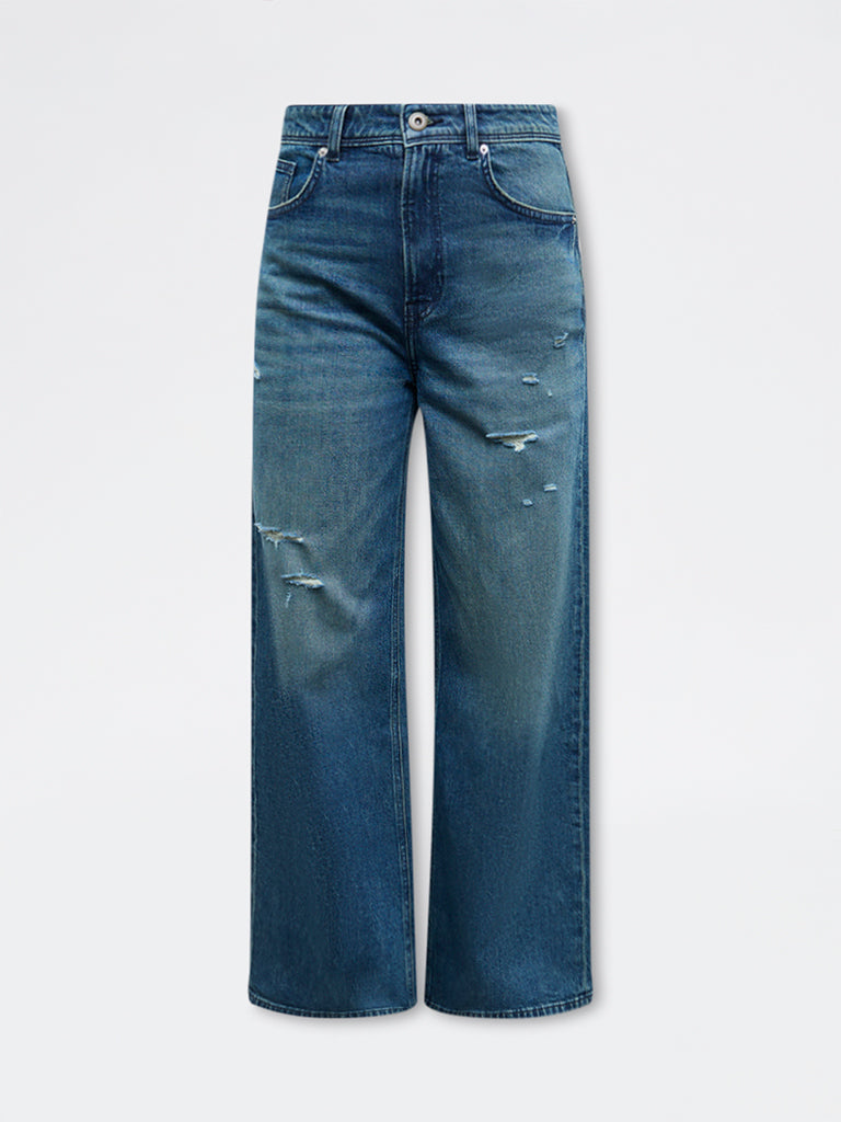 Nuon Dark Blue Distressed High-Rise Jeans
