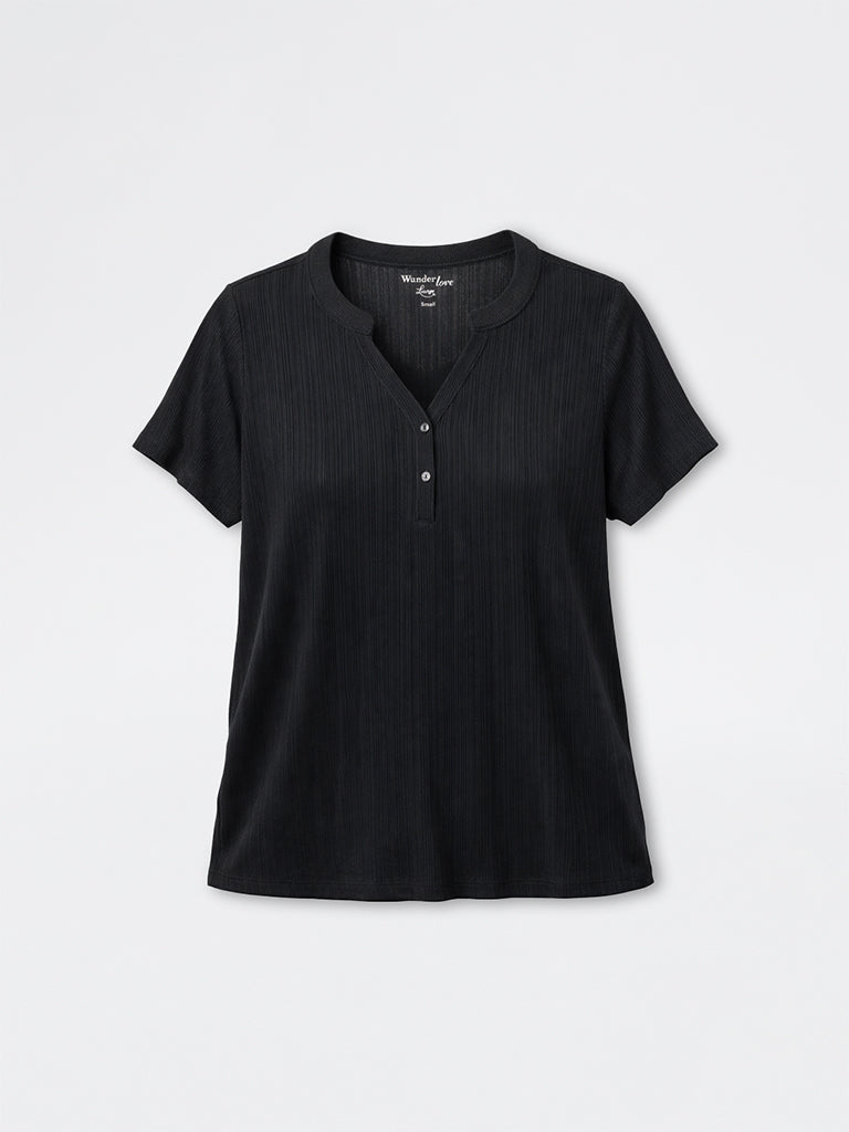 Wunderlove Black Ribbed-Textured Henley Top