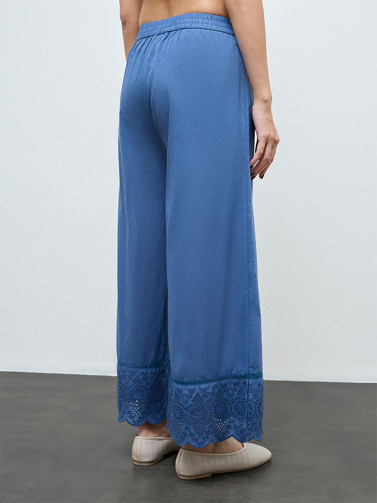 Zuba Indigo Schiffli Embroidered Palazzos