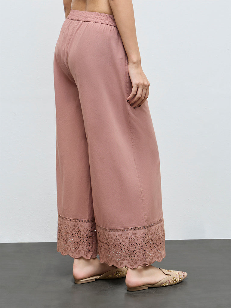 Zuba Brown Schiffli Embroidered Palazzos