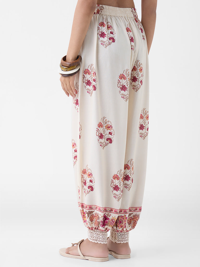 Utsa Off-White Floral Pattern Harem-Style Pants