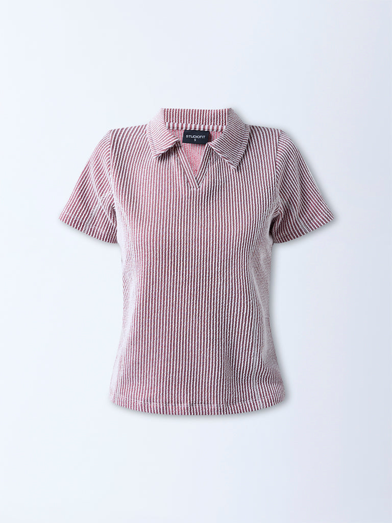 Studiofit Maroon Striped Cotton-Blend T-Shirt
