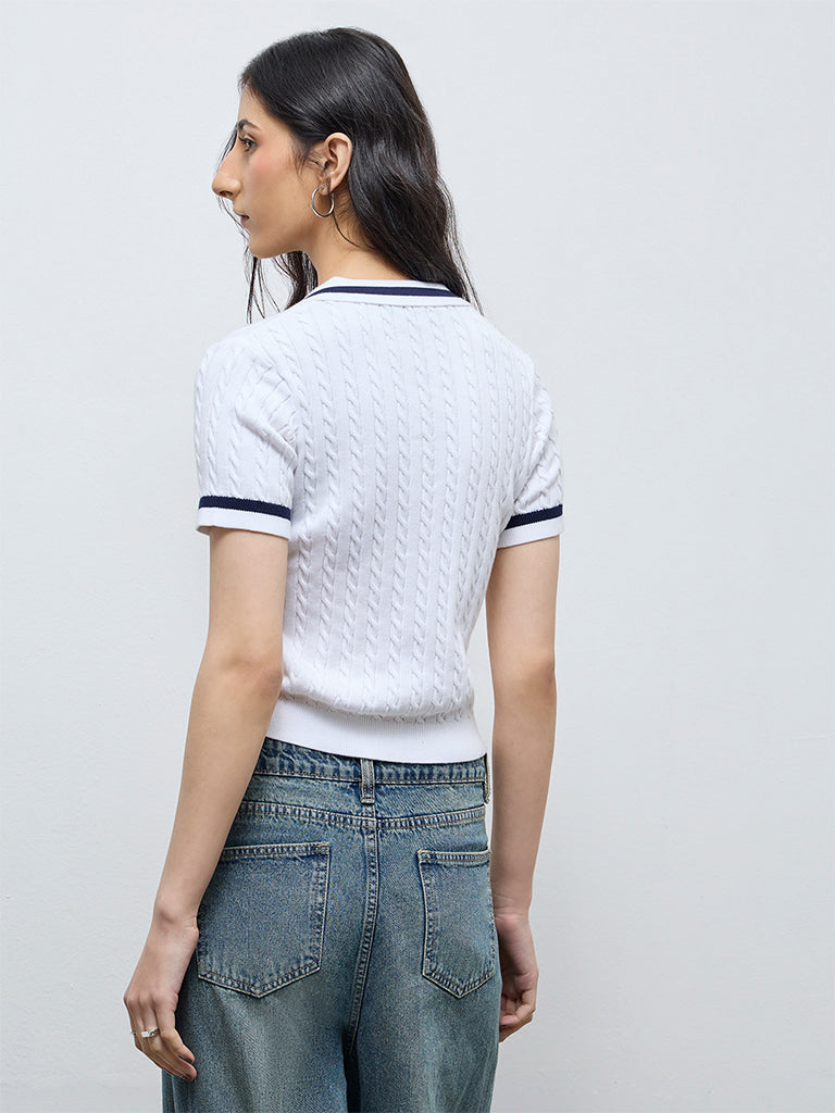 Nuon White Cable-Knit Textured T-Shirt