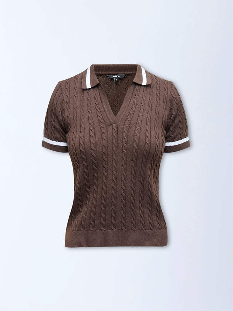 Nuon Dark Brown Cable-Knit Textured T-Shirt