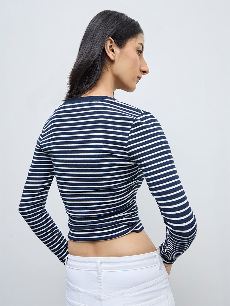 Nuon Navy Striped Pattern Cotton-Blend Top