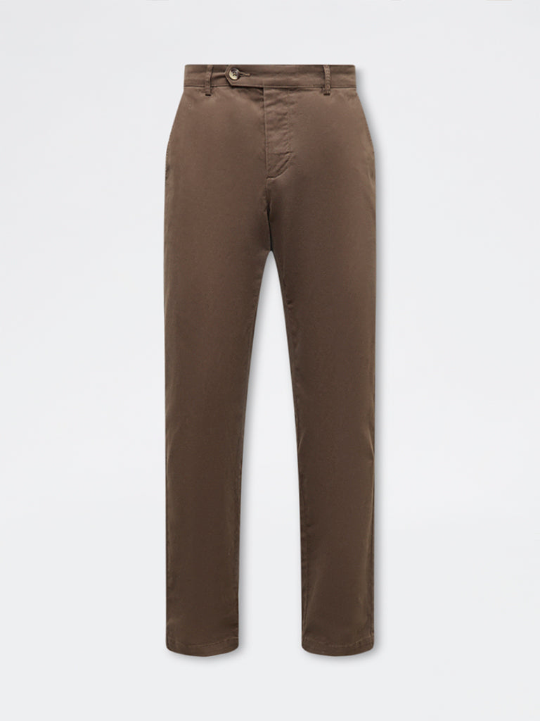 WES Casuals Taupe Relaxed-Fit Mid-Rise Cotton-Blend Trousers