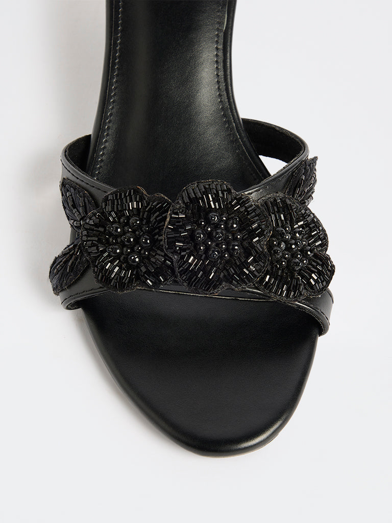 LUNA BLU Black Floral Embellished Kitten-Heel Sandals