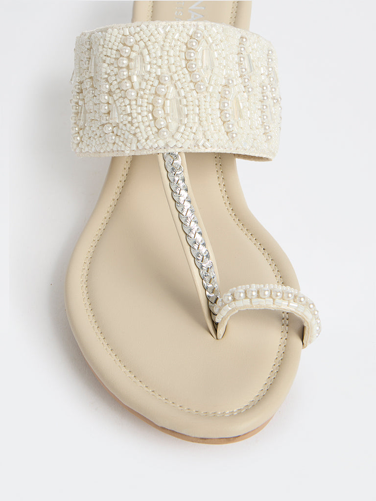 LUNA BLU Ivory Pearlescent Kolhapuri Wedge Heel Sandals