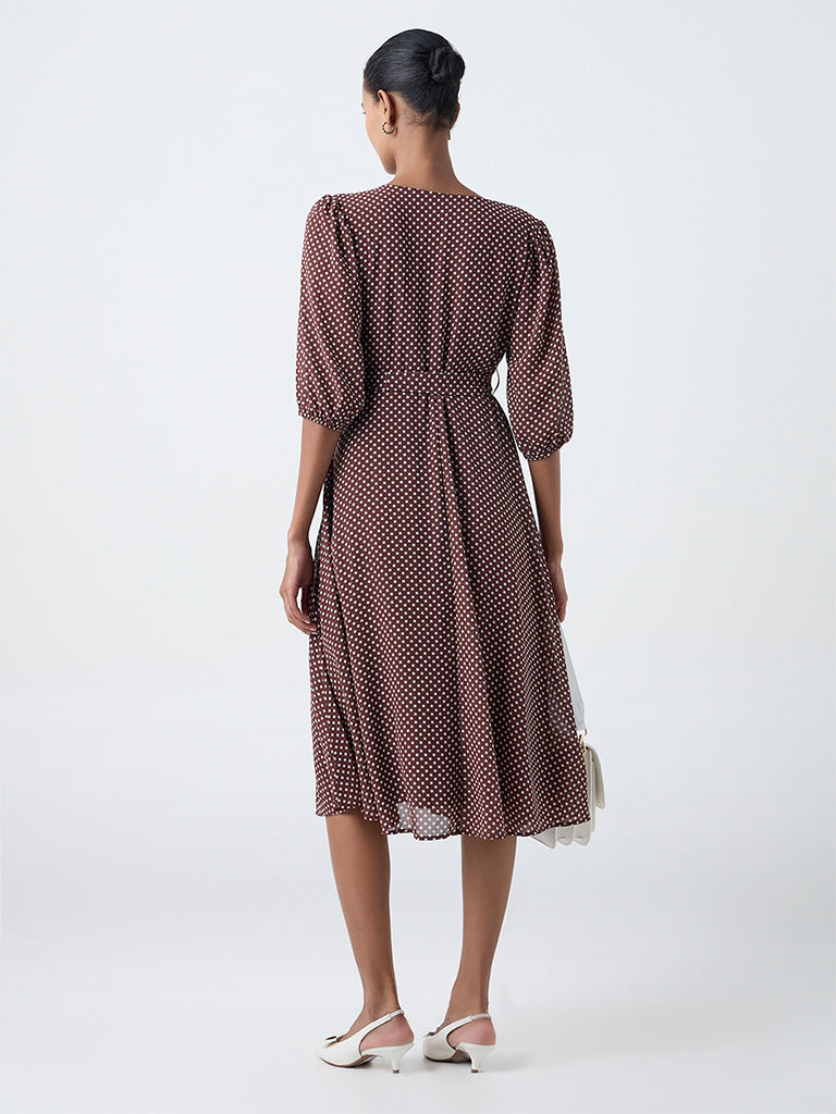 Wardrobe Dark Brown Polka Dot Wrap-Style Dress with Belt