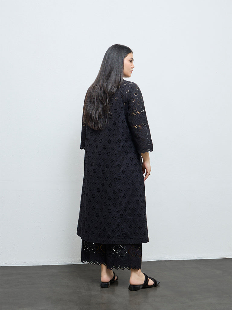 Diza Black Schiffli Embroidered A-Line Cotton Kurta