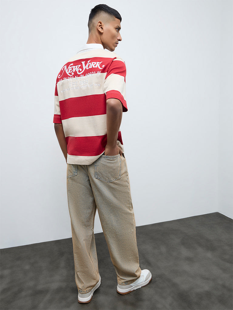 Nuon Red Striped Relaxed-Fit Cotton Polo T-Shirt