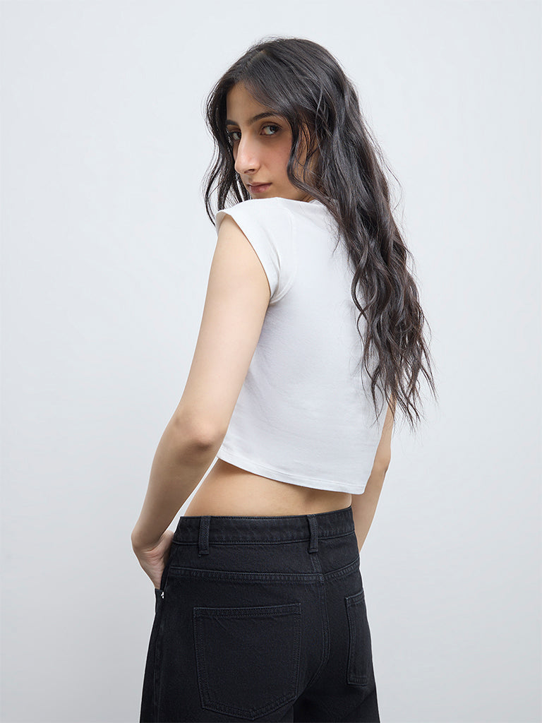 Nuon White Floral Design Cotton-Blend T-Shirt