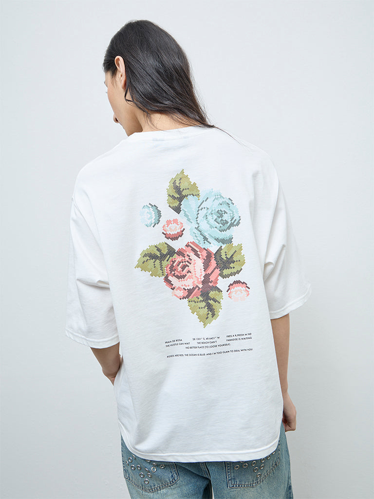Nuon White Printed Cotton T-Shirt
