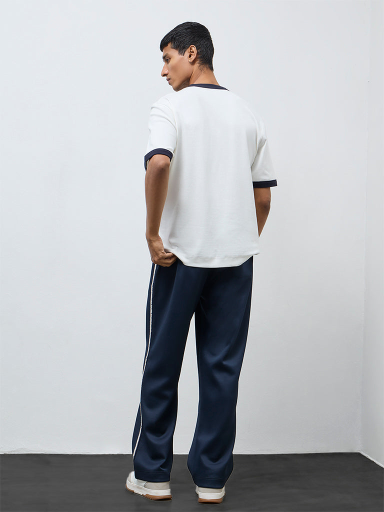 Studiofit Navy Striped Detailed Relaxed-Fit Mid-Rise Track Pants