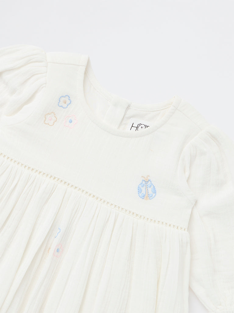 HOP Baby Girls White Embroidered A-Line Cotton Dress