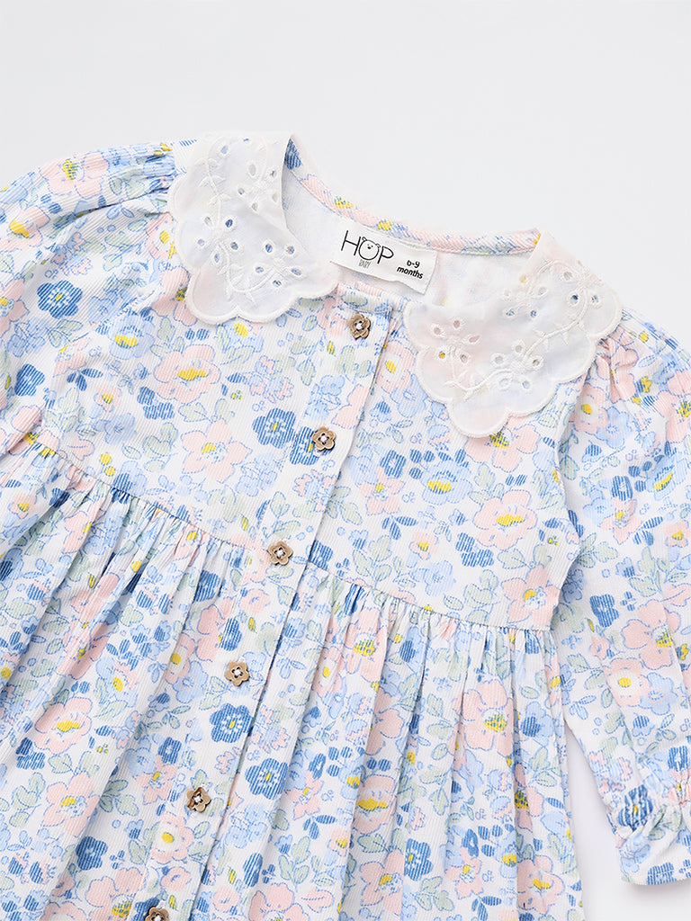 HOP Baby Girls Blue Floral Design Fit-and-Flare Cotton Dress