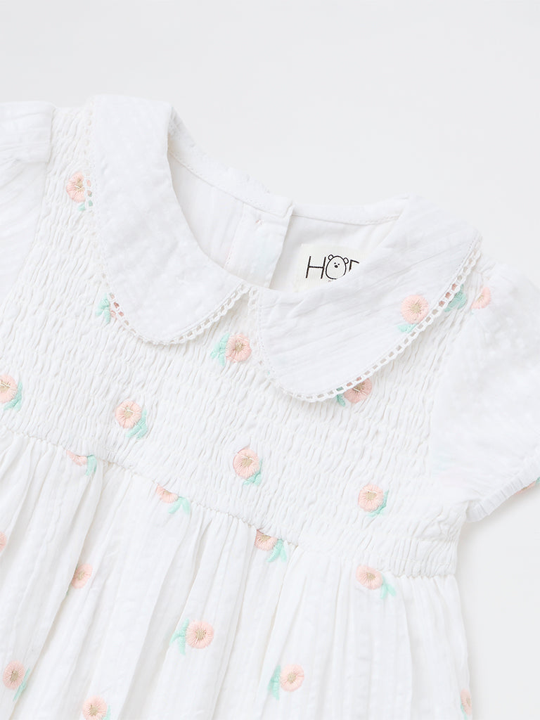 HOP Baby Girls White Floral Printed A-Line Cotton Dress