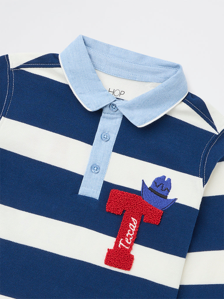 HOP Kids Boys Navy Striped Cotton Polo T-Shirt