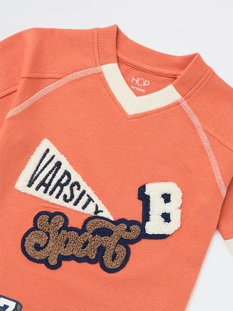 HOP Kids Boys Dusty Orange Embroidered Cotton T-Shirt